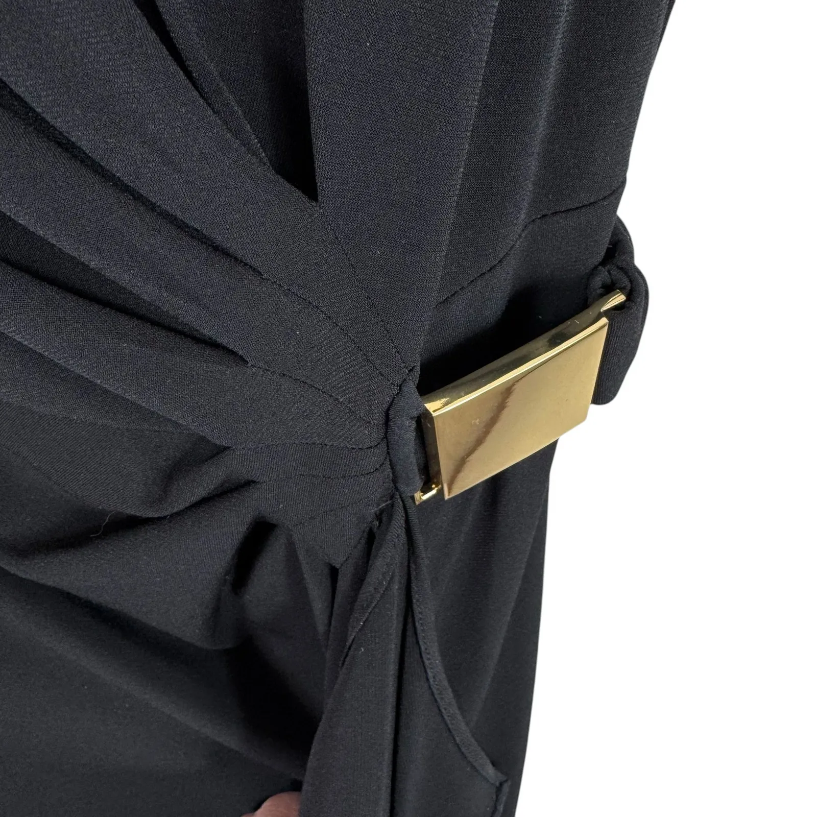 Eliza J Black 3/4 Sleeve Round Neck Ruched Faux Wrap Knee Length Dress Size 8 - Image 3