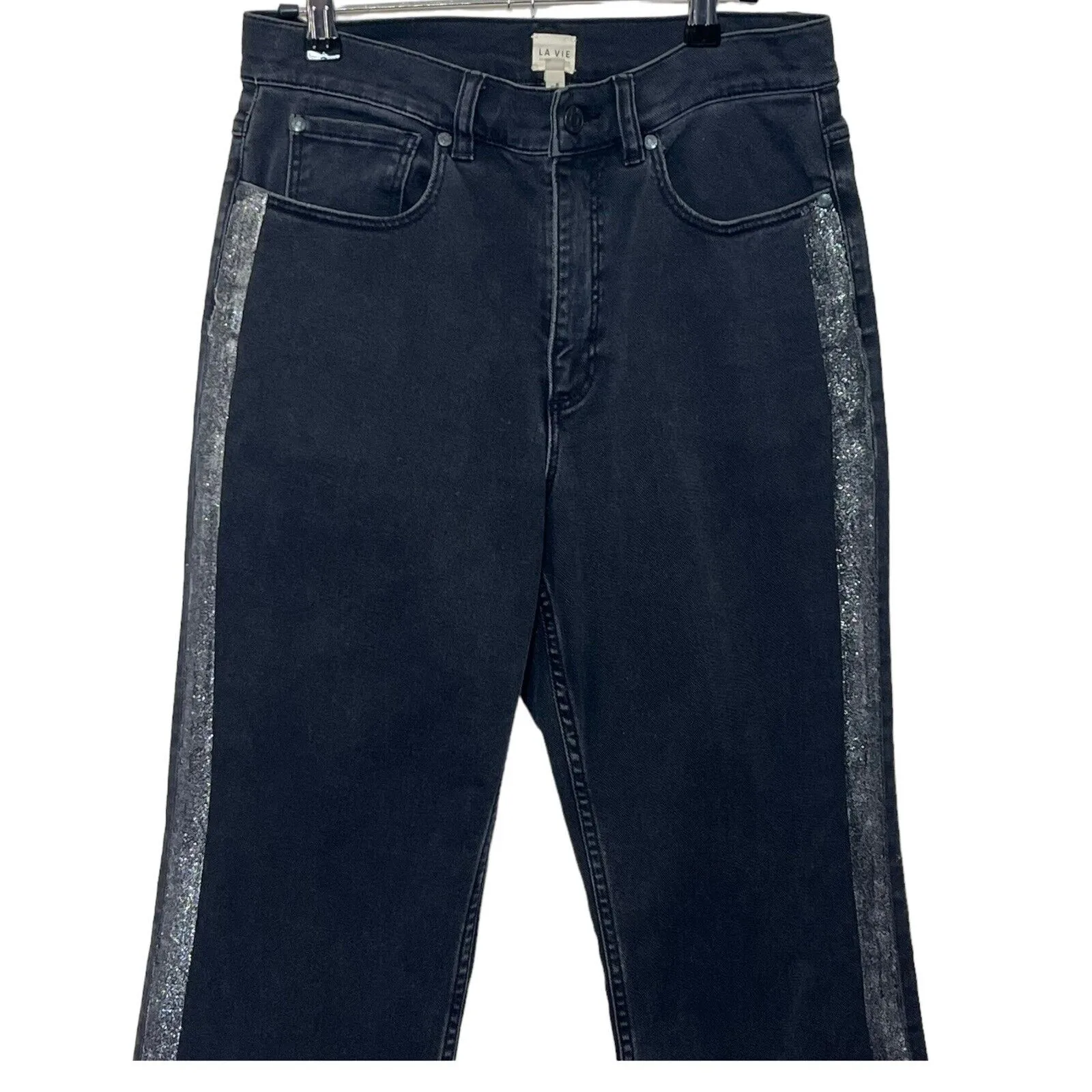 Rebecca Taylor  La Vie Jeans Women’s 29 Black Flare Glitter Stripe Fringe Hem - Image 3