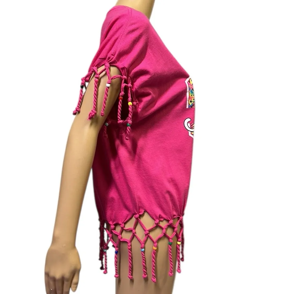 Antigua West Indies Beaded Fringed Pink Caribbean Pink Graphic Tee Womens XL - Image 5
