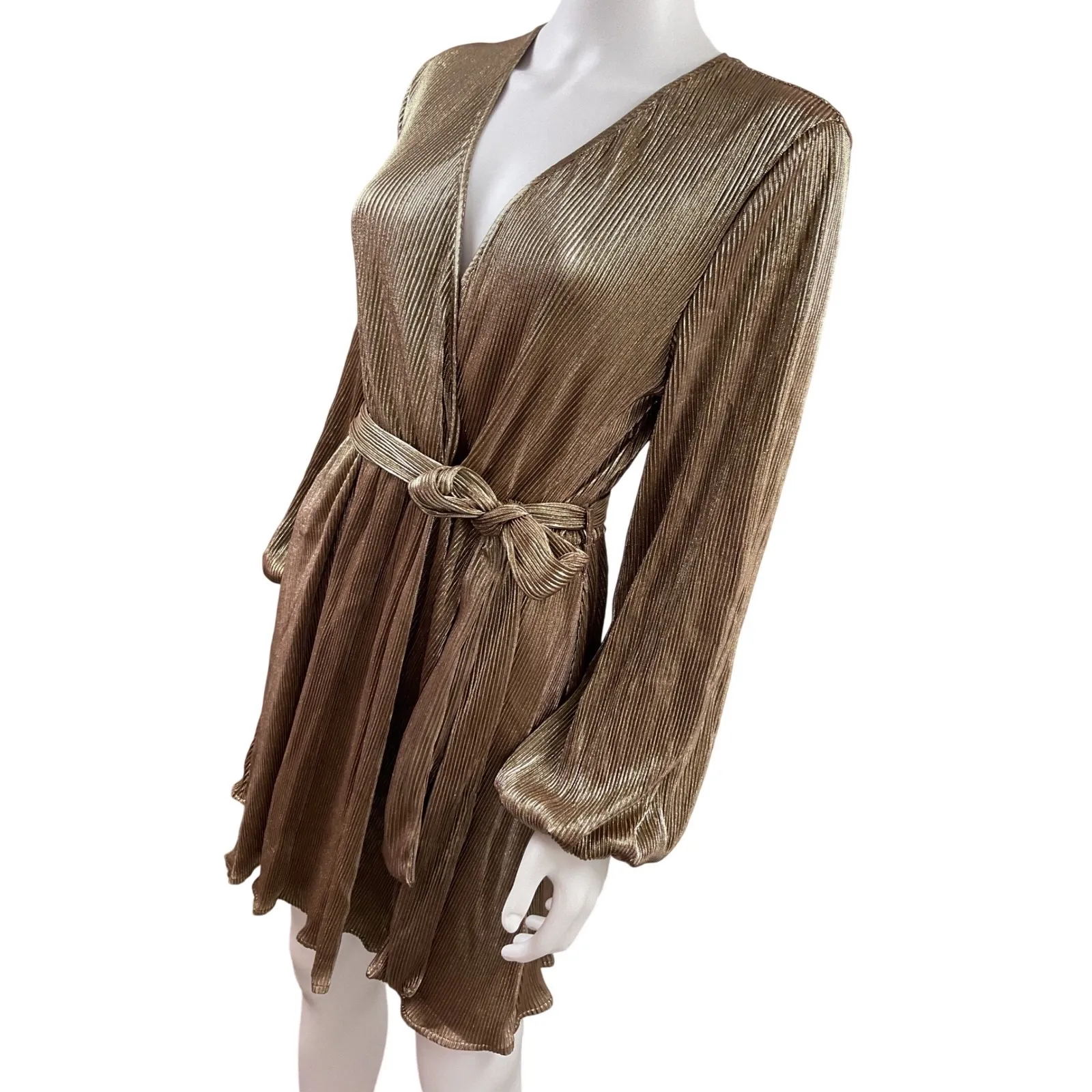 SBETRO Gold Metallic Pleated Wrap Dress Long Sleeve Tie Waist Size L Size L - Image 4