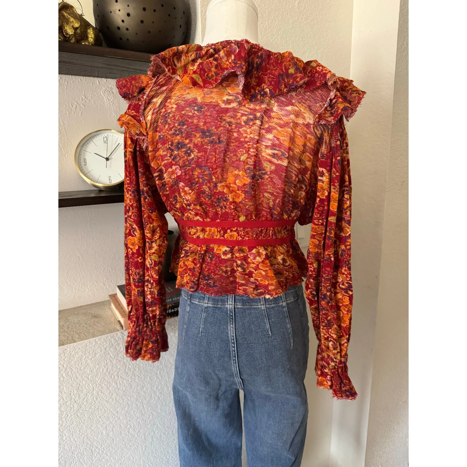 Free People Rudi Floral Printed Ruffle Cropped Blouse In Cherry Combo Size Small - Image 7
