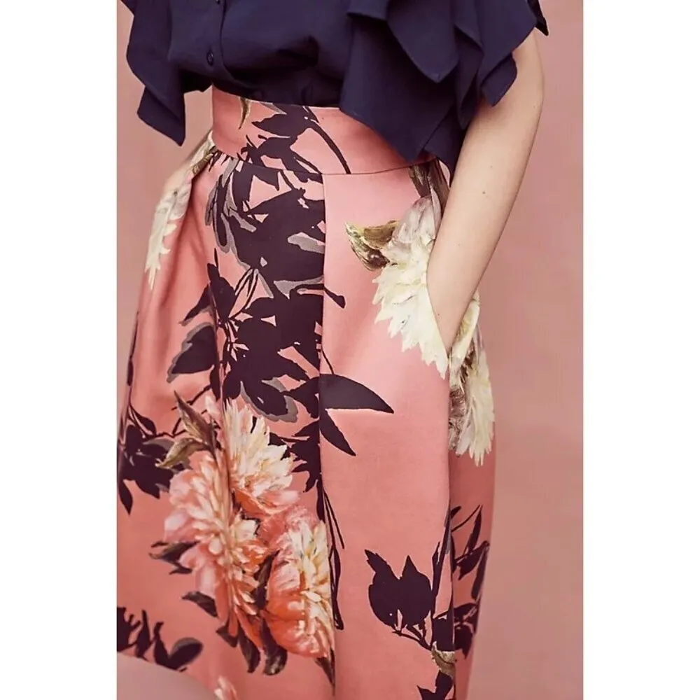 Black Halo Grand Floral Skirt Size 2 Pink Midi Pockets Fit Flare Anthropologie - Image 8