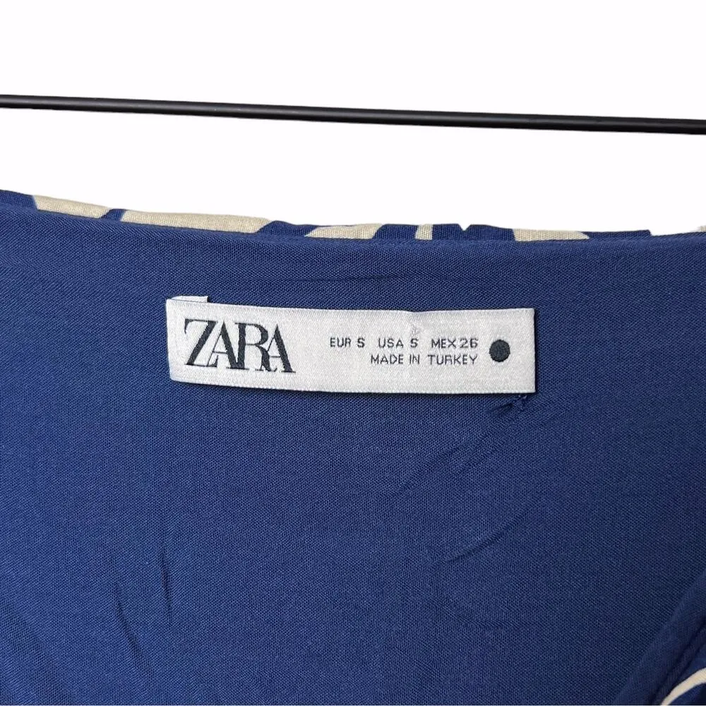 zara floral cotton ruched high slit midi maxi skirt blue cream - Image 10