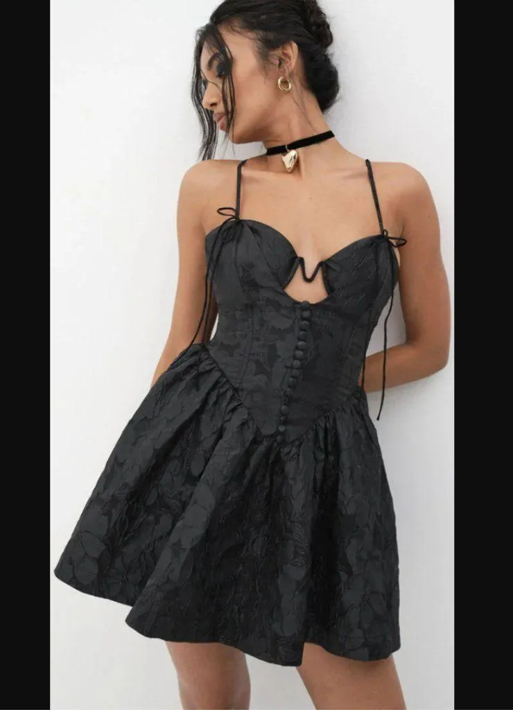 For Love and Lemons Faith Black Floral Jacquard Underwire Mini Party Dress L - Image 3