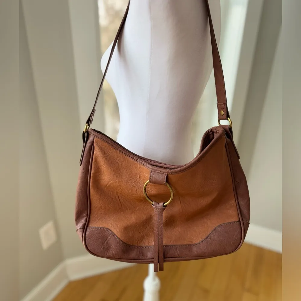 Bueno Cognac Brown Textured Faux Leather Fringe Boho Shoulder Bag Purse - Image 2