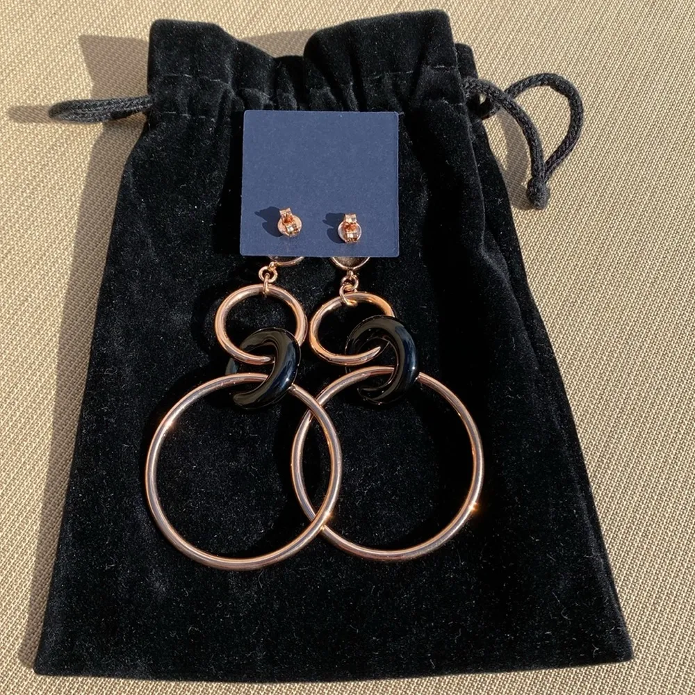 🆕 18kt Rose Gold Bronzallure & Onyx 3” Dangle Circle Hoop Earrings, MILOR Italy Pink - Image 9
