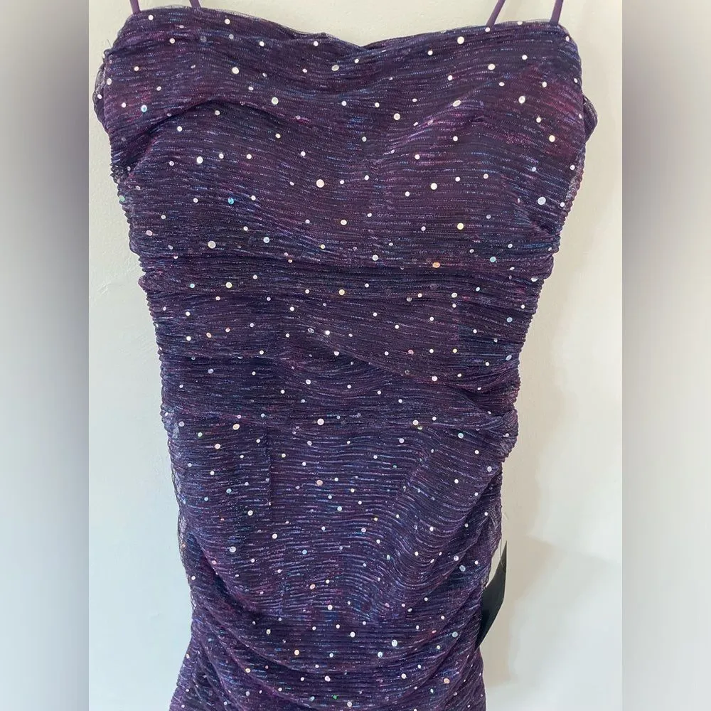 Lulus Flirty Vibes Purple Multi Sparkly Ruched Bodycon Mini Dress NEW size M - Image 2
