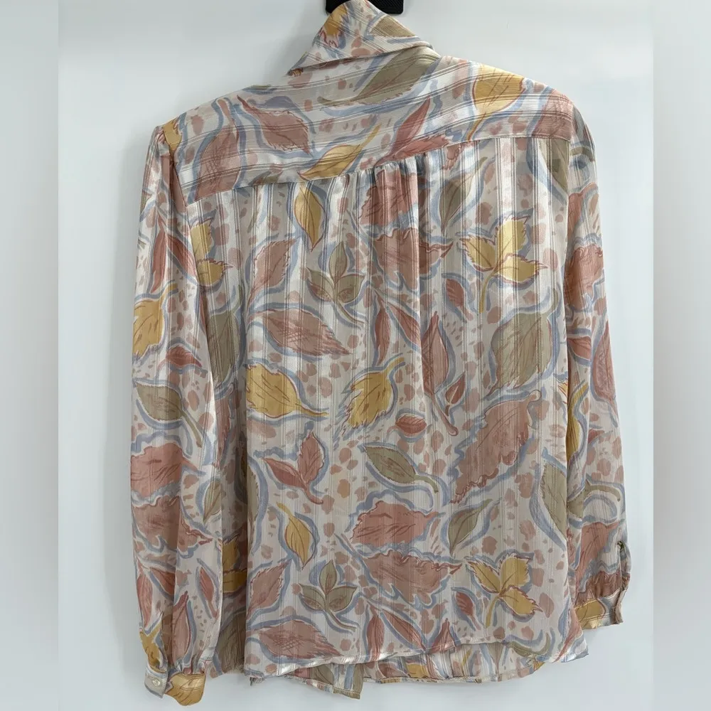 Vintage Shiny Floral Pastel Peters 80s Ashley boho floral ShoulderPads blouse 10 Blue - Image 9