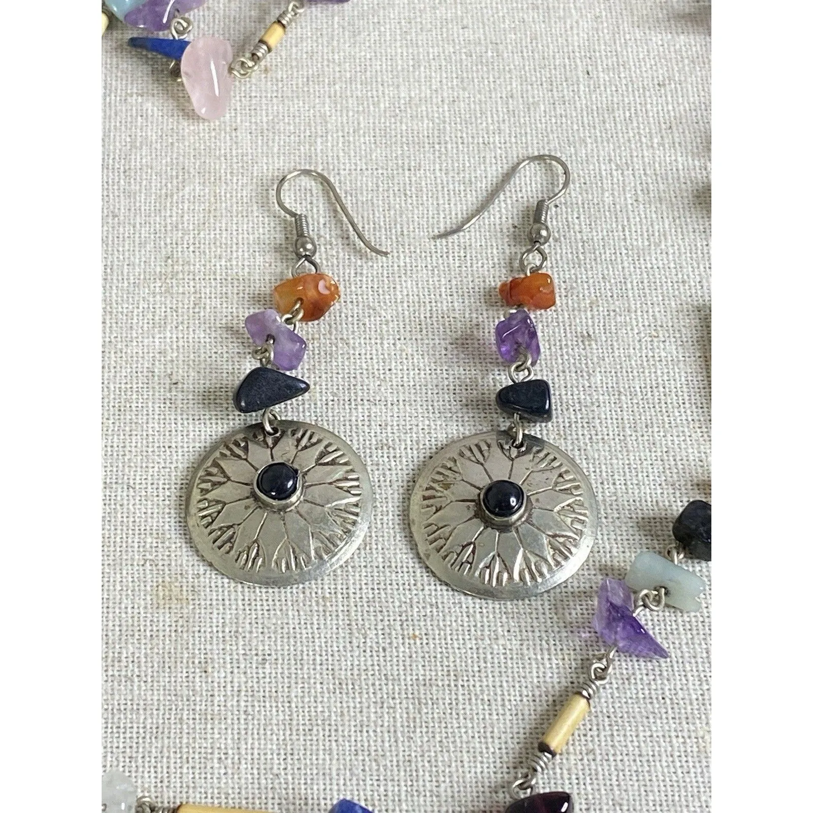 Native American Silvertone Conch Gemstones Nugget & Matching Dangle Earrings SET - Image 4