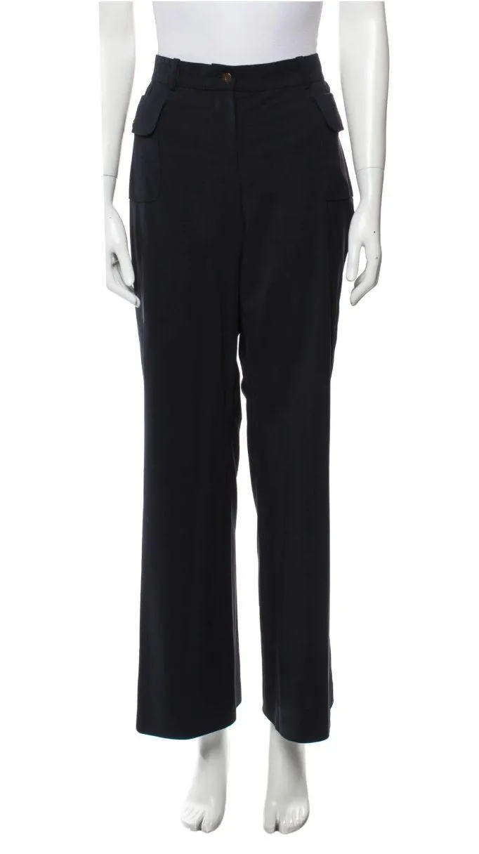 Women's Vintage Celine Virgin Wool Navy Blue High Rise Pocket Trousers size 44 - Image 1