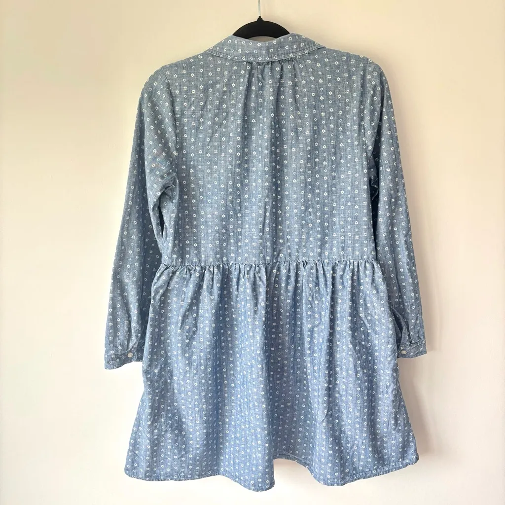 J. Crew Blue Denim Chambray Mini Shirt Dress Long Sleeve Dainty White Flowers - Image 8