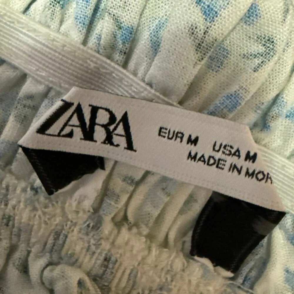 Zara Blue Linen Floral Sleeveless Smocked Mini Cami Camisole Tank Dress Size M - Image 5