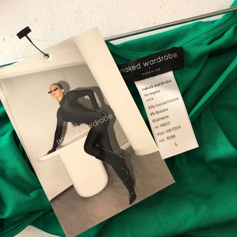 Naked Wardrobe Womens Smooth Side Crop Top Asymmetric One Shoulder Green L - Image 4