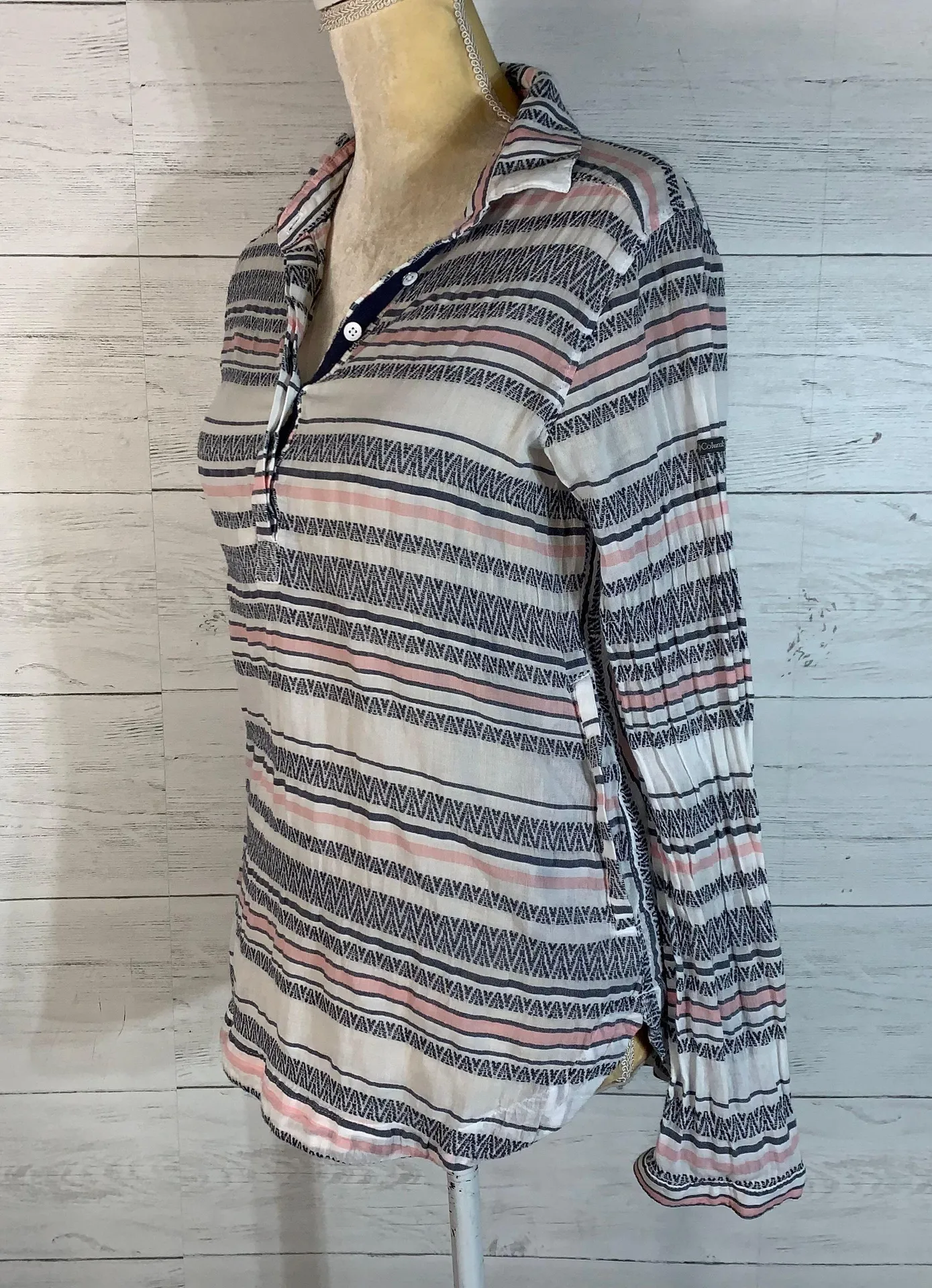 'Brooks Lake' White Multicolor Striped Long Roll Up Sleeve Tunic XS - Image 2