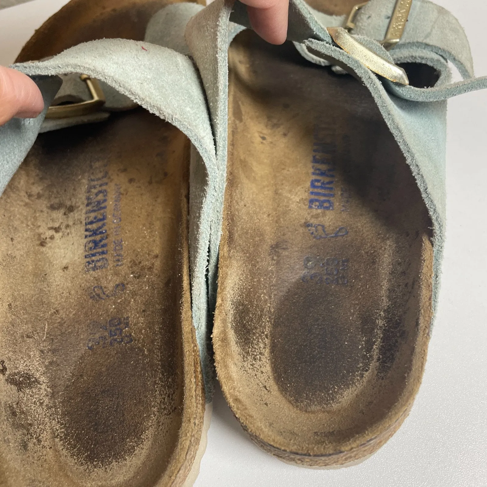 Birkenstock Sandals Sz 39 Arizona Light Blue Suede Soft Footbed Comfy - Image 5