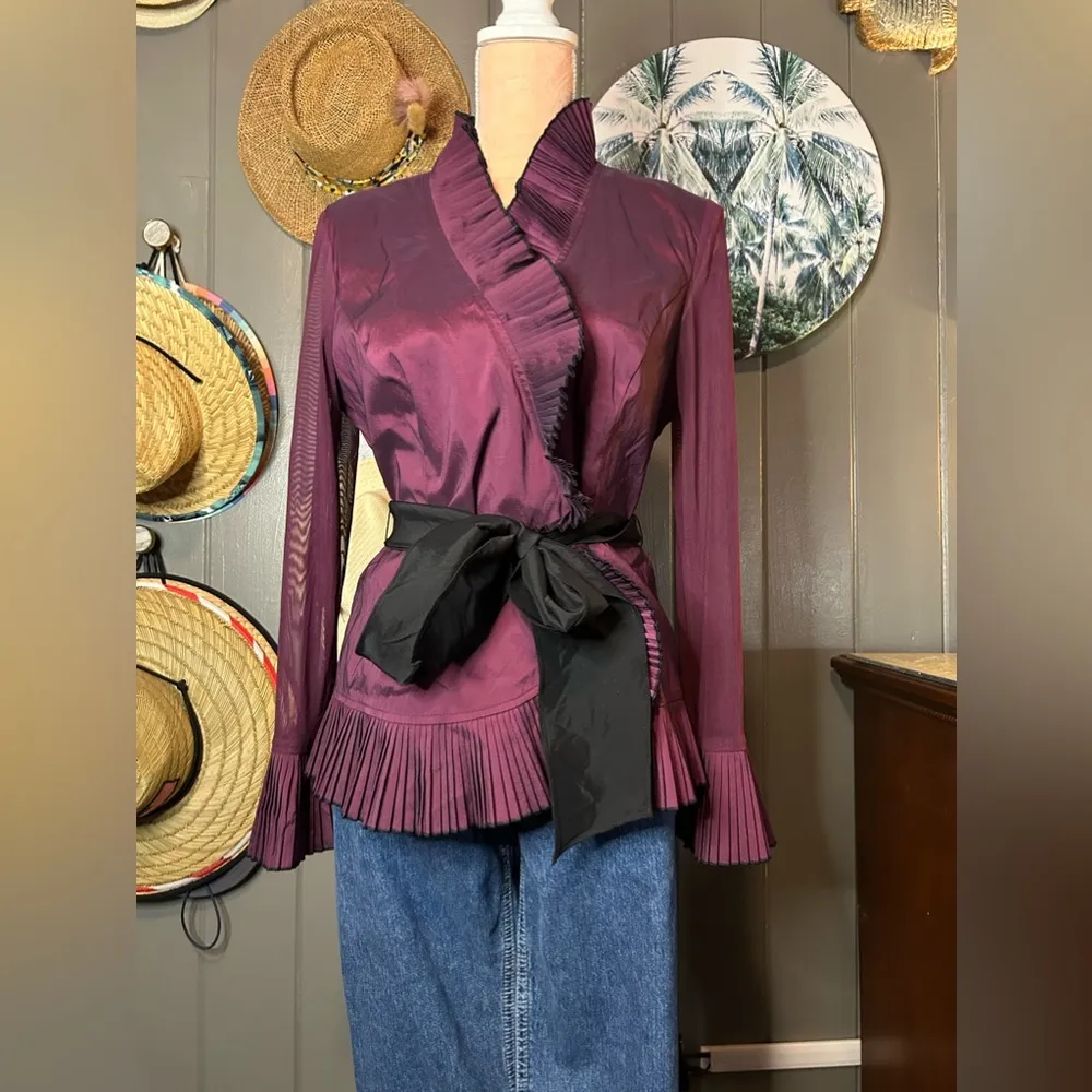 Vintage J.R. Nites Wide Collar Wrap Around Purple Top W/ Black Sash Large - Image 2