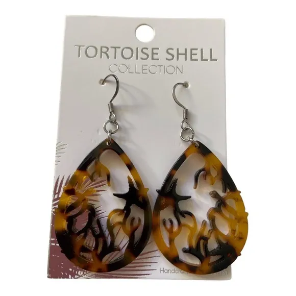 Hand Crafted Teardrop Ocean Cut Out Faux Tortoise Shell Dangle Earrings NEW - Image 2
