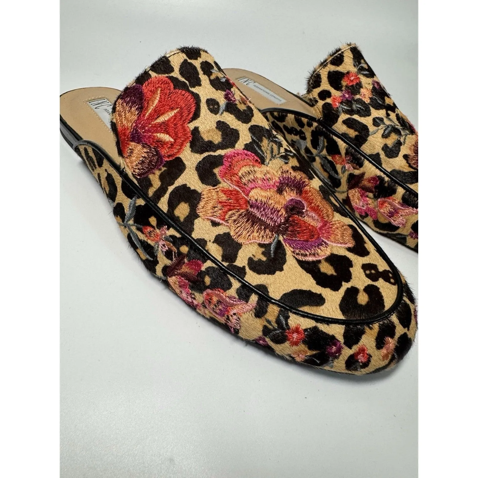 INC Women's Leopard Floral Embroidered Flats Real Calf Hair Mules Shoes 10.5 - Image 2