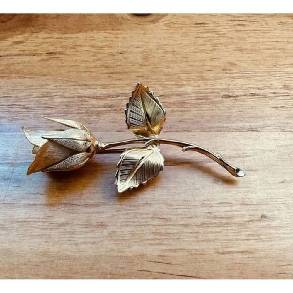 Vintage 3D‎ Rose Stem Brooch Brushed Gold Tone Jewelry Flower Pin 2.75" Long - Image 7