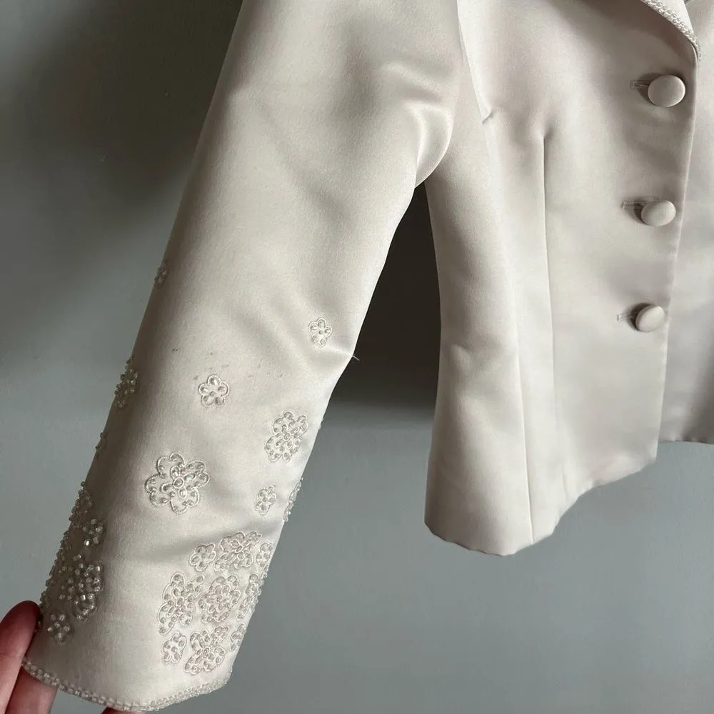 Vintage KIR Cream Satin Blazer 6 Beaded Floral Cuff Jacket Elegant Formalwear - Image 3