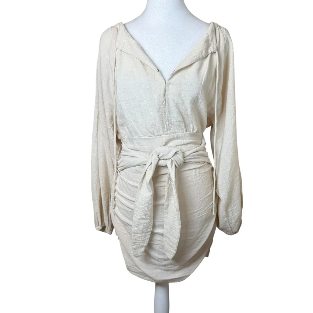 Free People Mini Dress XS Cream Gauzy Boho Peasant Ruched Buttons Neutral NWT - Image 5