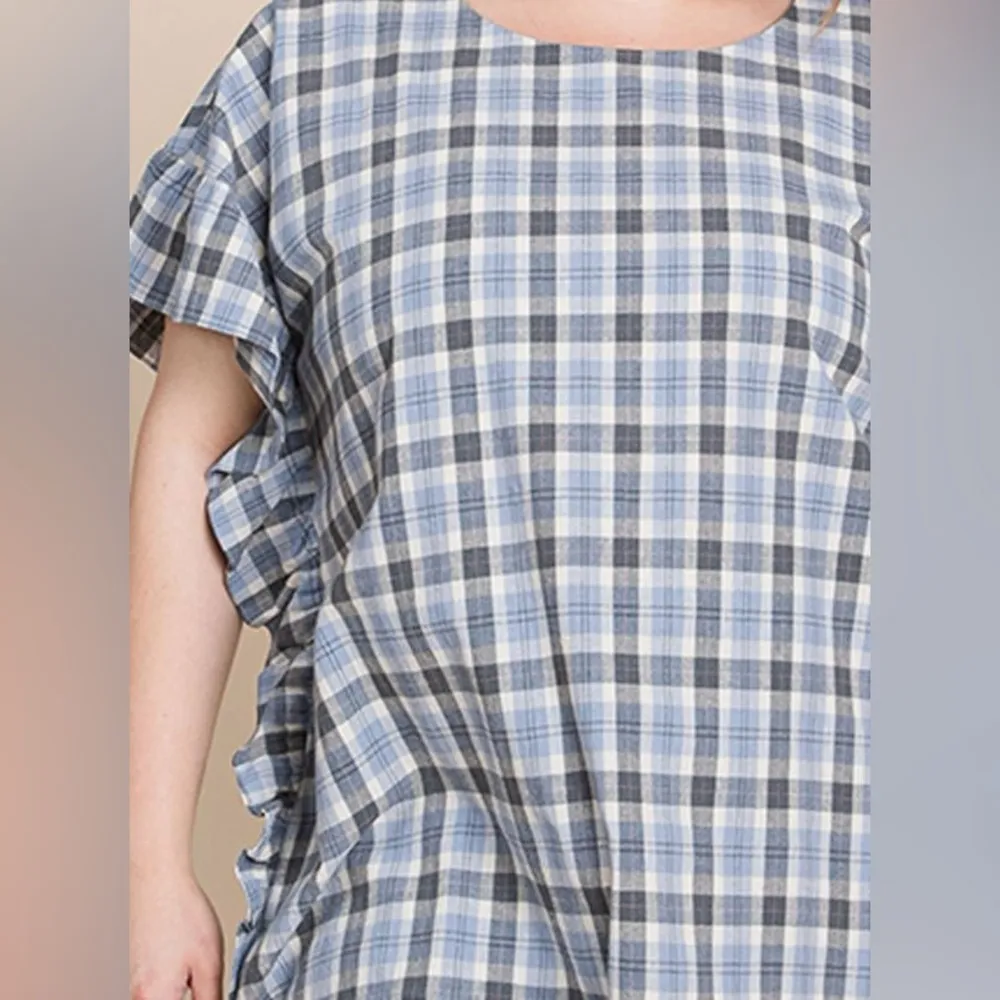 Plus Size Cotton Yarn Dyed Checker Ruffle Sleeve Top Blue - Image 3