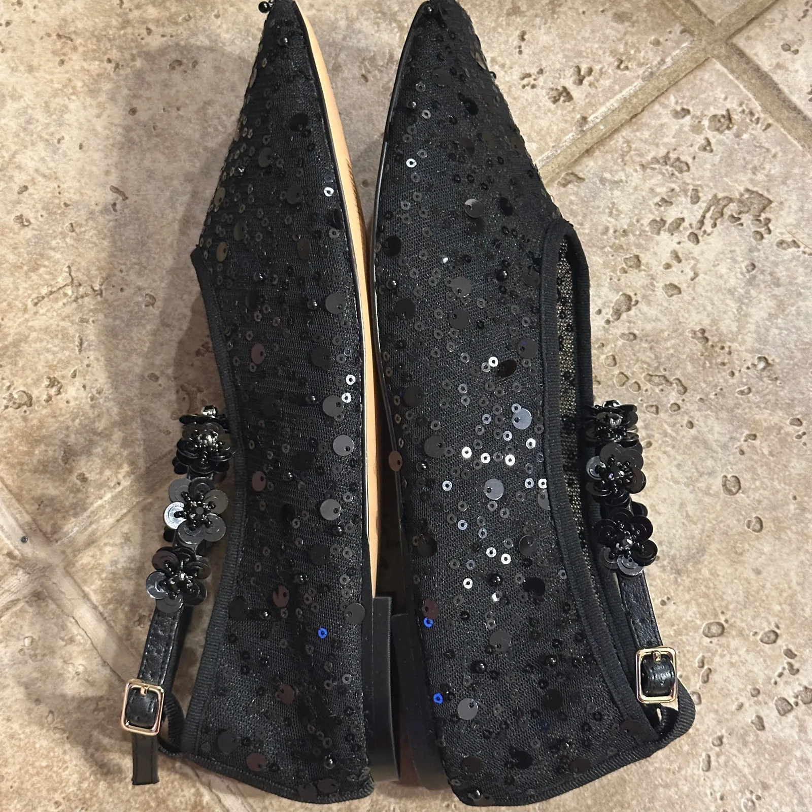 J.Crew Black Quinn Embellished Removable Ankle Strap Ballet Flat Sequin Mesh 8.5 - Image 5