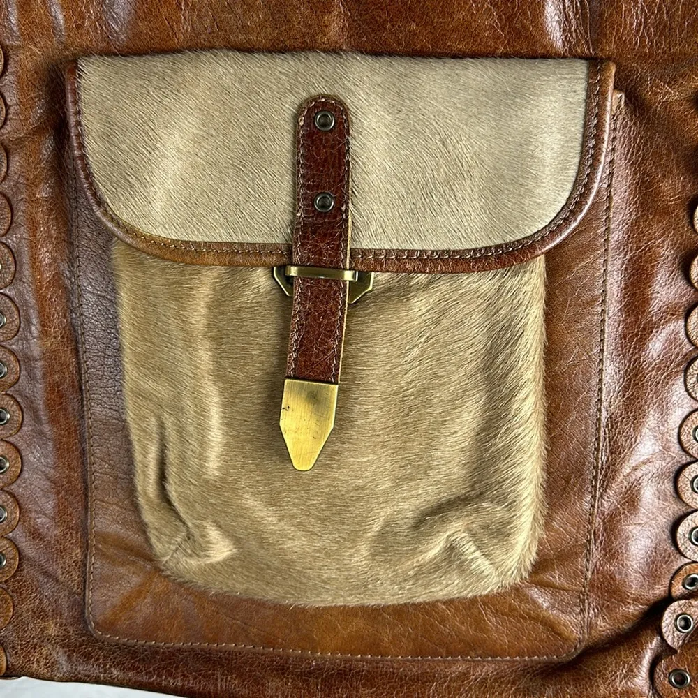 Vintage PRINCIPE Brown Leather COWHIDE PONY HAIR Satchel Crossbody Made in Italy - Image 3