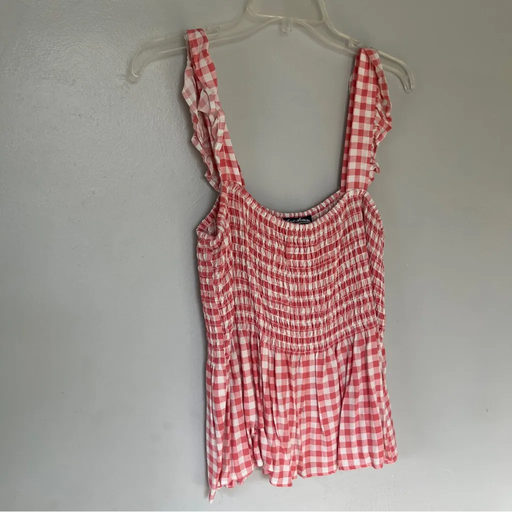 Freshman 1996 Red Gingham Smocked Ruffle Strap Peplum Tank Top Size XL Pink - Image 2