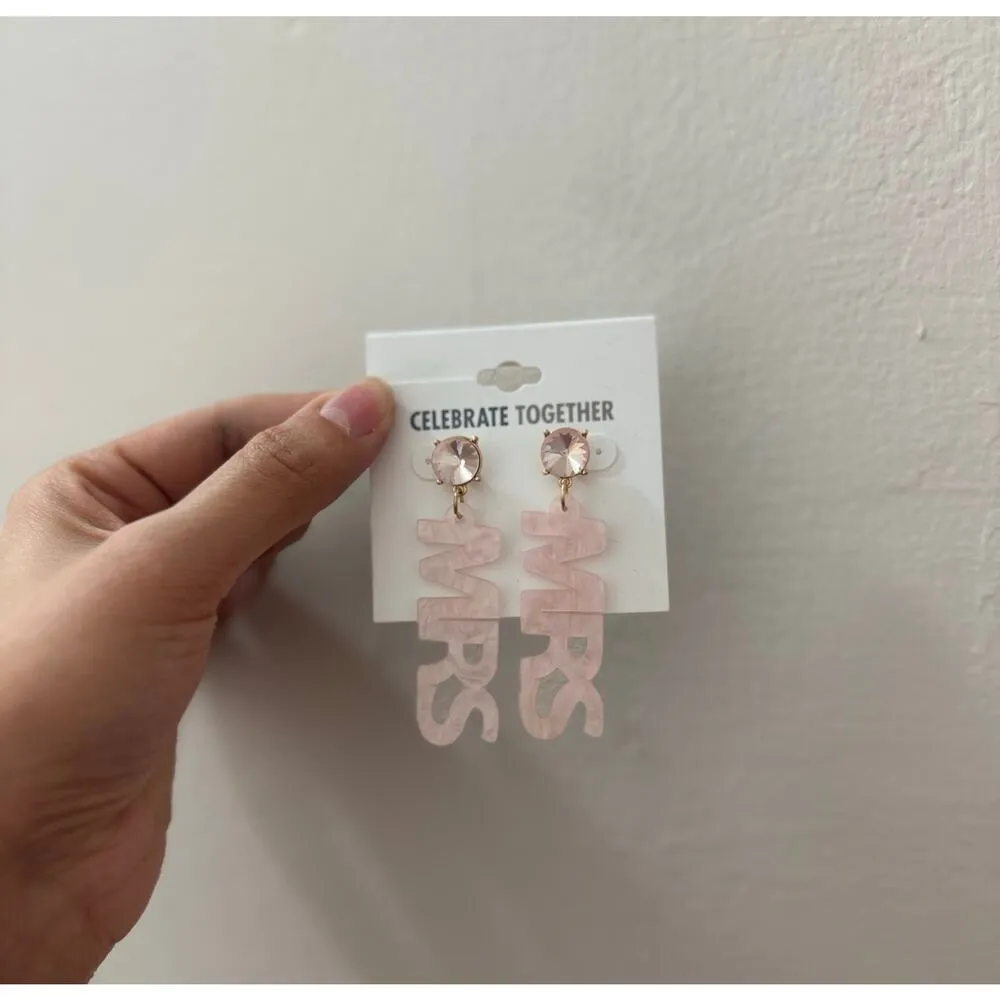 MRS Pink Crystal Blush Resin Mrs. Drop Earrings Just Married Bride to Be - Image 2
