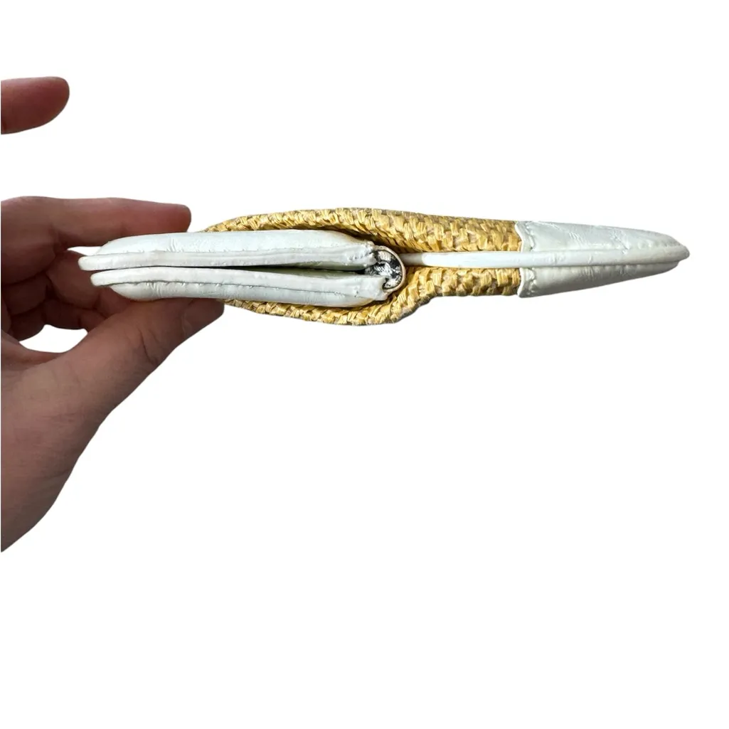 J Crew Straw White Faux Leather Trim Clutch‎ Bag Checkered Interior - Image 4