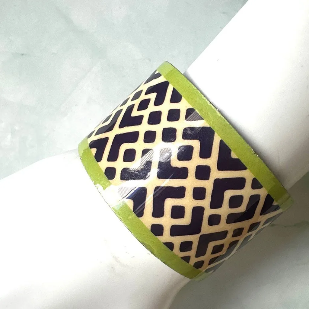 Vintage Brass Enamel Wide Cuff Bracelet – Navy, Cream & Lime Green Geometric Des - Image 2