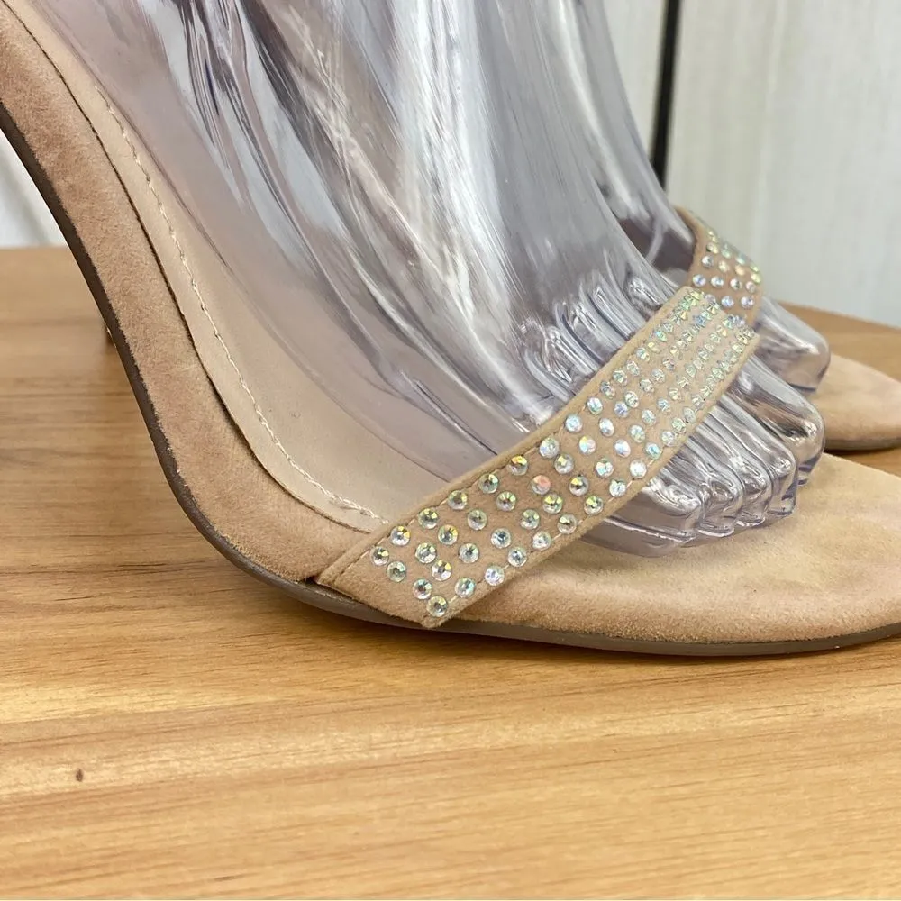 Anne Michelle Enzo Rhinestone Faux Suede Strappy Heels Tan Open‎ Toe 7.5 - Image 8