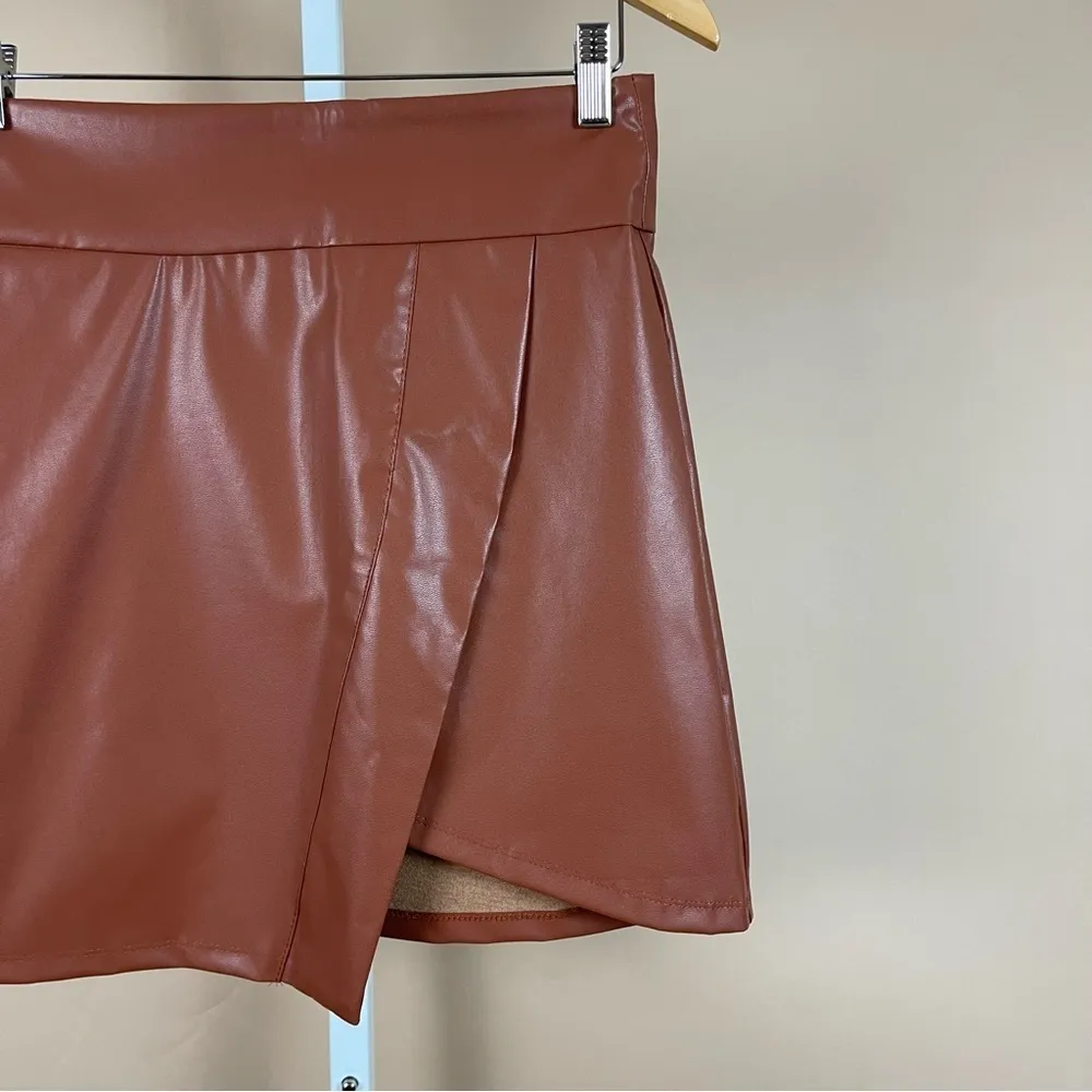 Faux Leather Medium Asymmetrical Camel Faux Wrap Mini Skirt Brown - Image 9