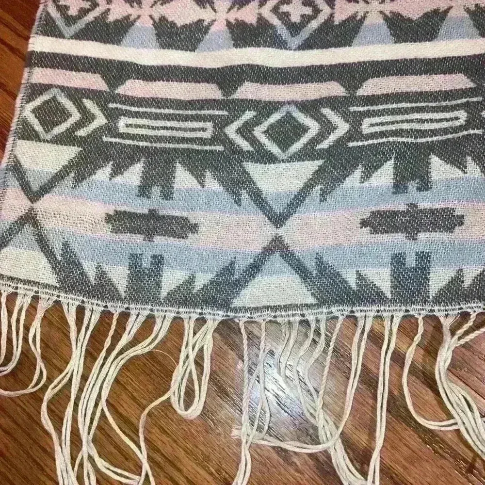 Scarf Shoulder Wrap with Fringe Muted Pastels Aztec - Image 3