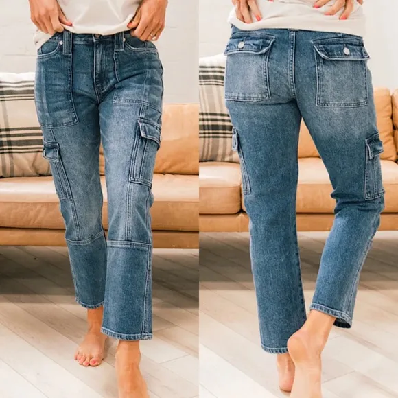 NWT Kancan Avery Straight Leg High Rise Cargo Jeans Dark Wash Size 29 - Image 1