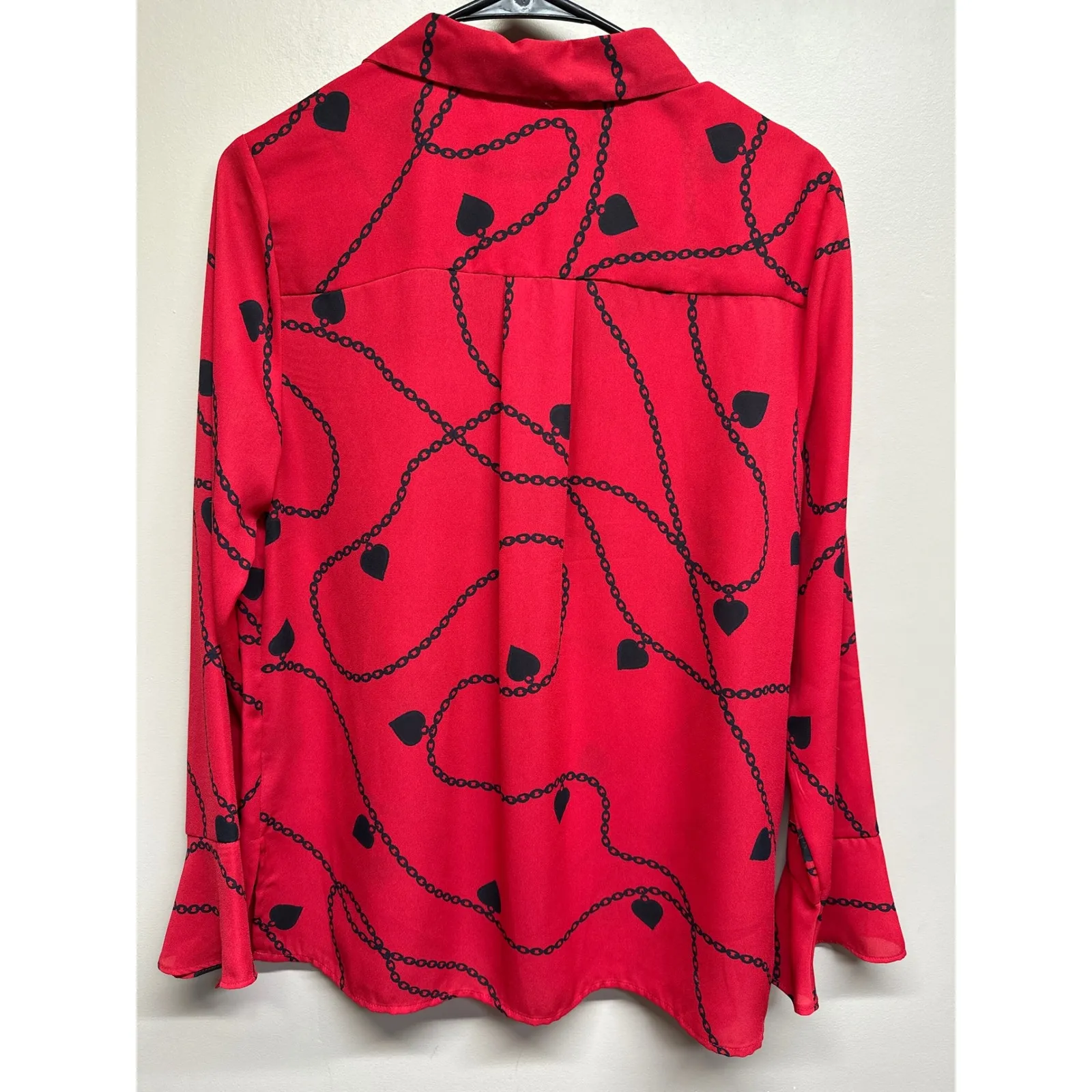 Liz Claiborne Career Red Black Chain Heart Print Button Up Women Small - Image 4