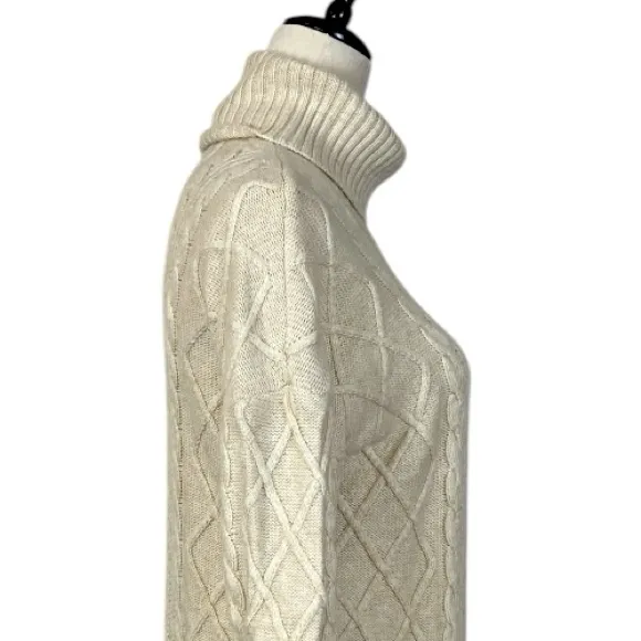 Tunic Sweater Turtleneck Cable Knit Merino Wool Pockets Cream Women Size Medium - Image 8