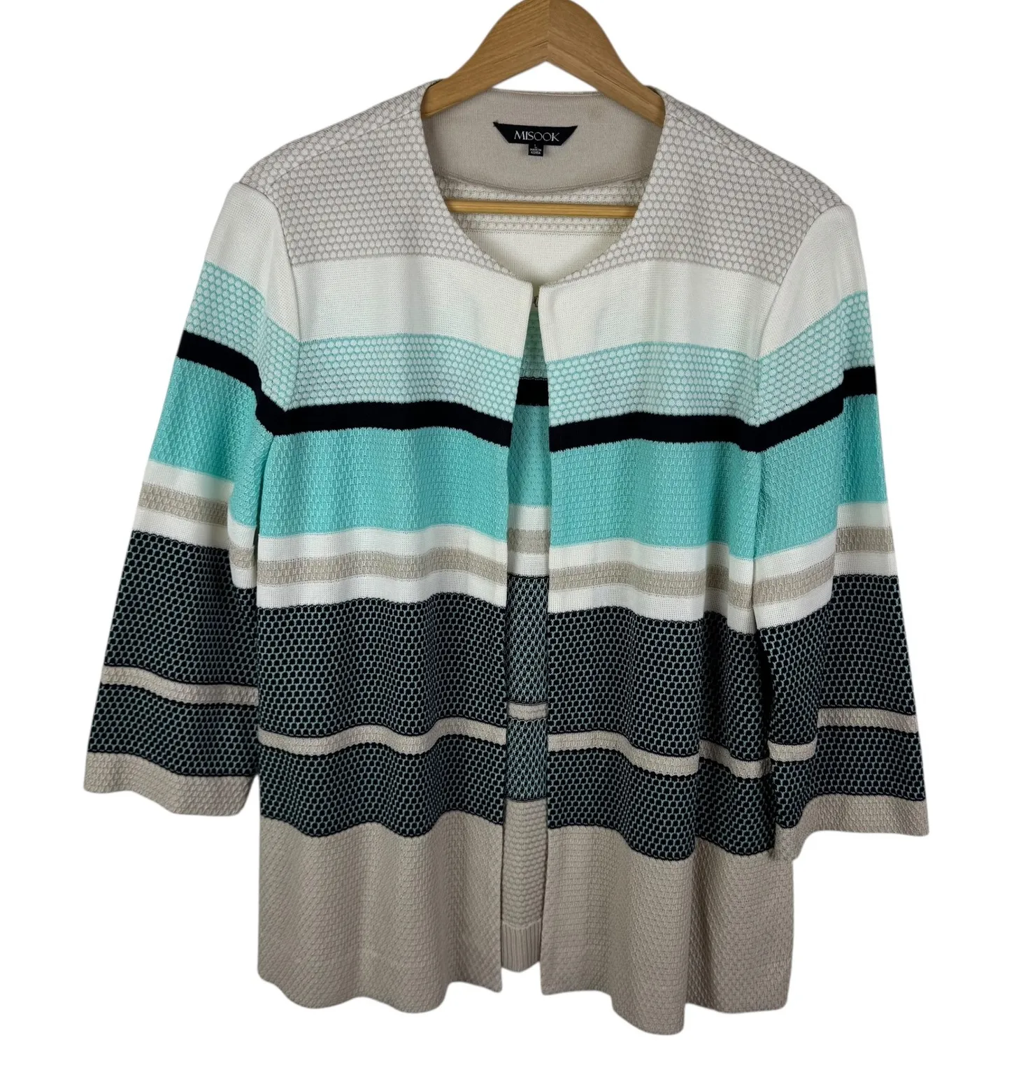 Misook Striped Knit Cardigan Jacket Size Large 3/4 Sleeve Office Travel Stretch - Image 1