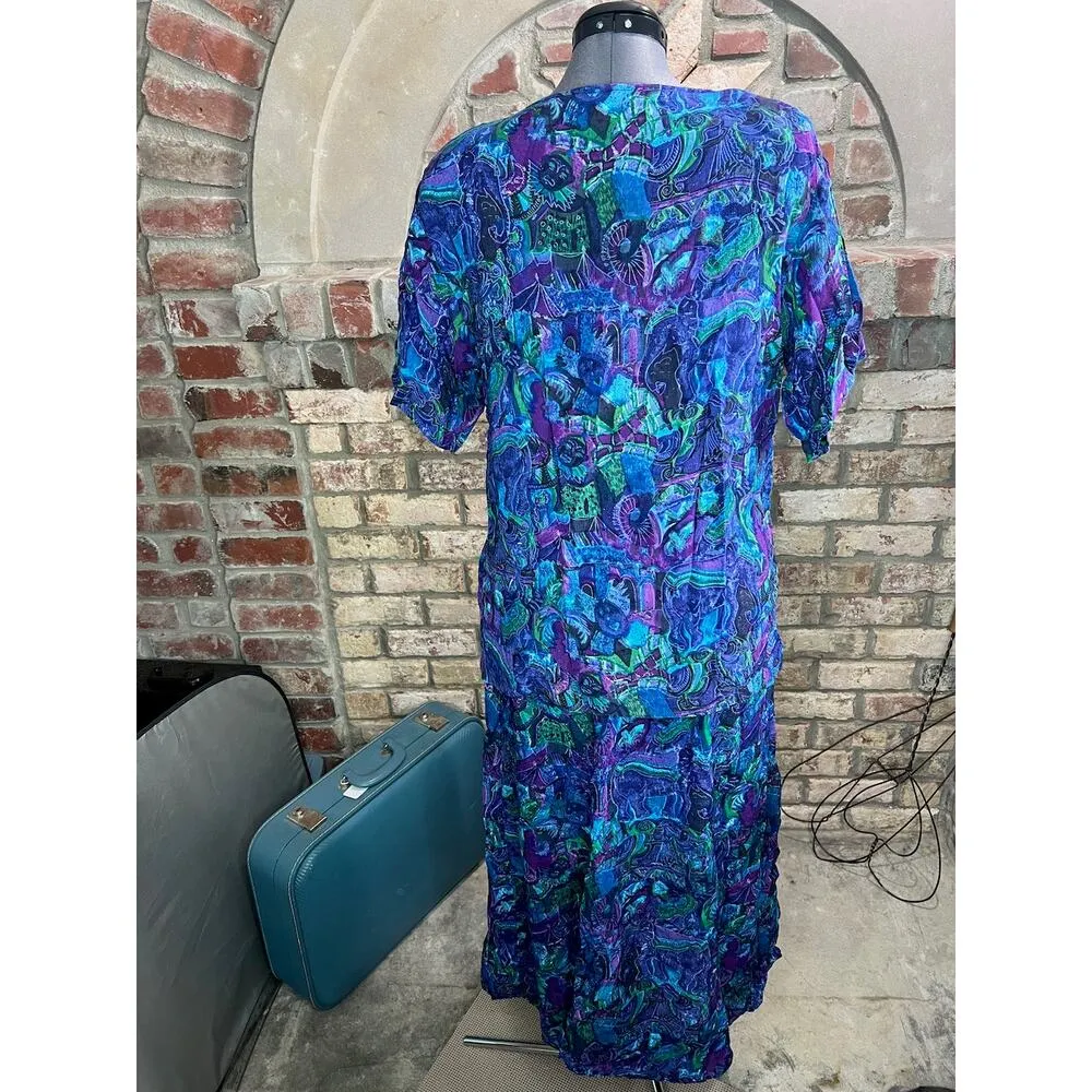 skirt set short sleeve Blouse swing skirt floral green blue purple Size L - Image 8