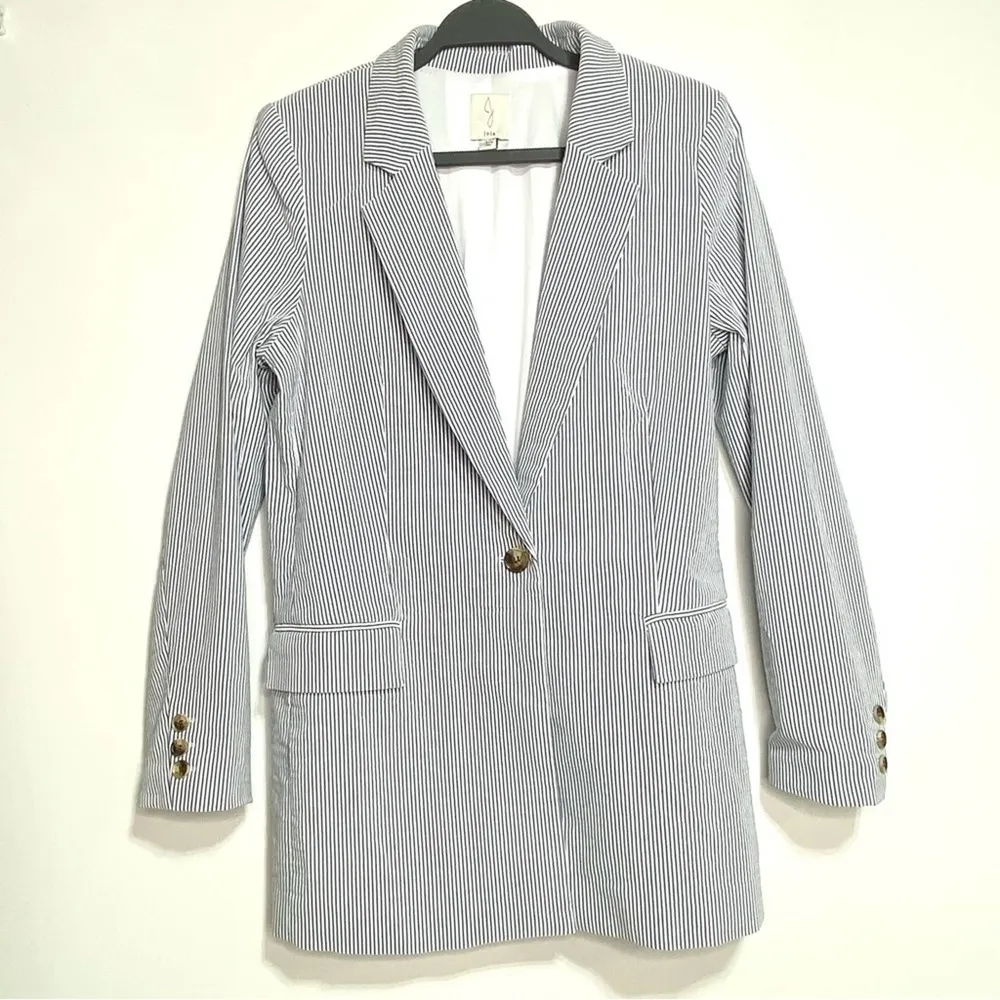 Joie  Seersucker Blue, White Stripe Single Button Longline Blazer L - Image 4