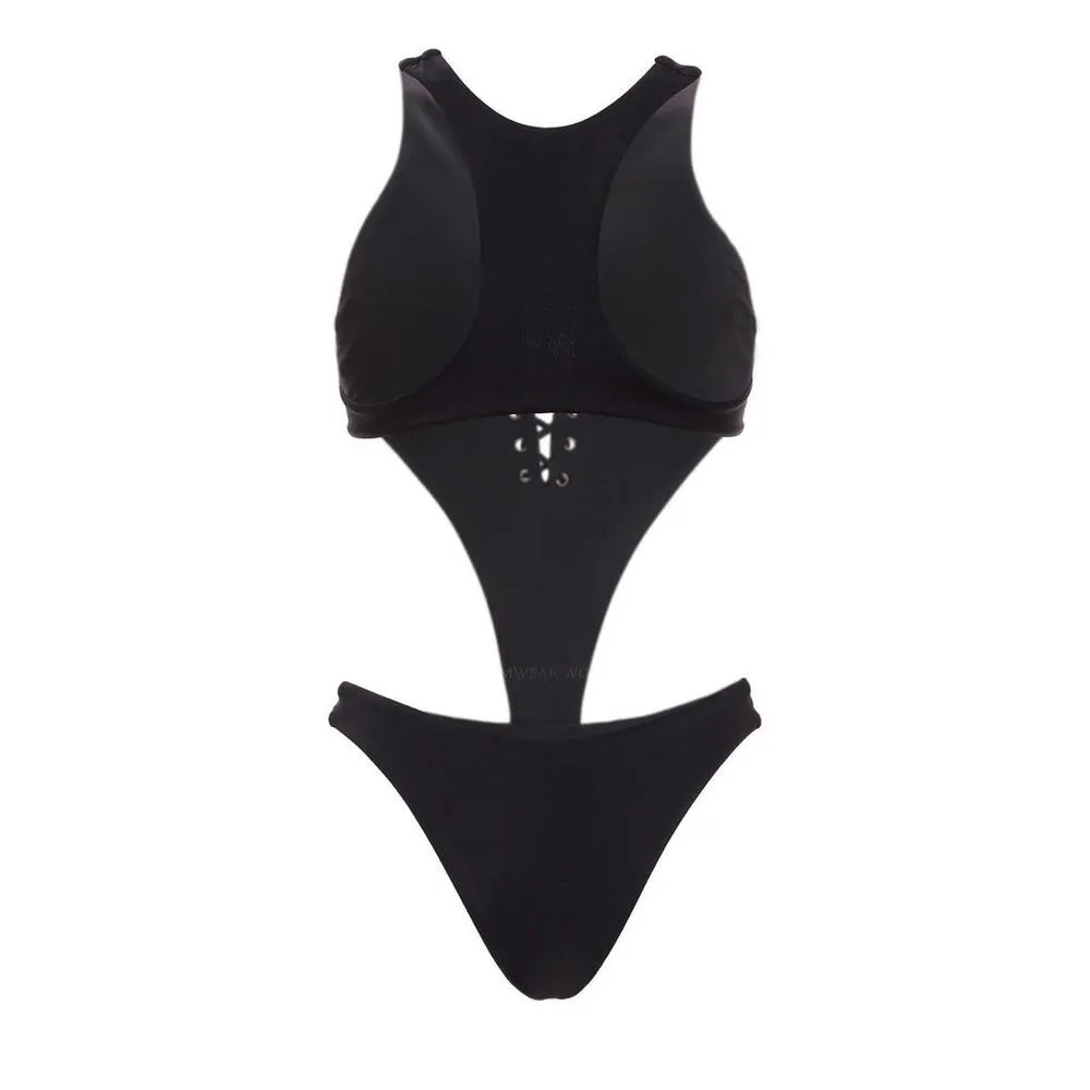 Agua Bendita Swimsuit One Piece Black Laceup Front Cutout Sides Arin Eter XL New - Image 2