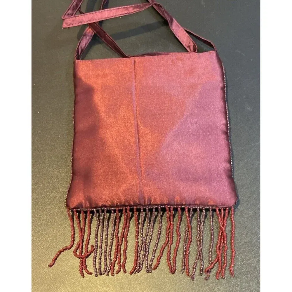 Crossbody Purse Bag Fringe Beaded Sequins Burgundy Boho Cocktail‎ Party Evening - Image 2
