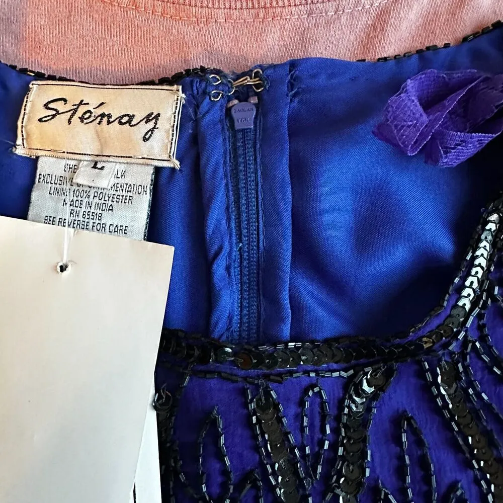 Vintage Sténay 100% Silk Beaded Sequin Top | Size L | Art Deco 80s Party Glam Blue Size L - Image 8