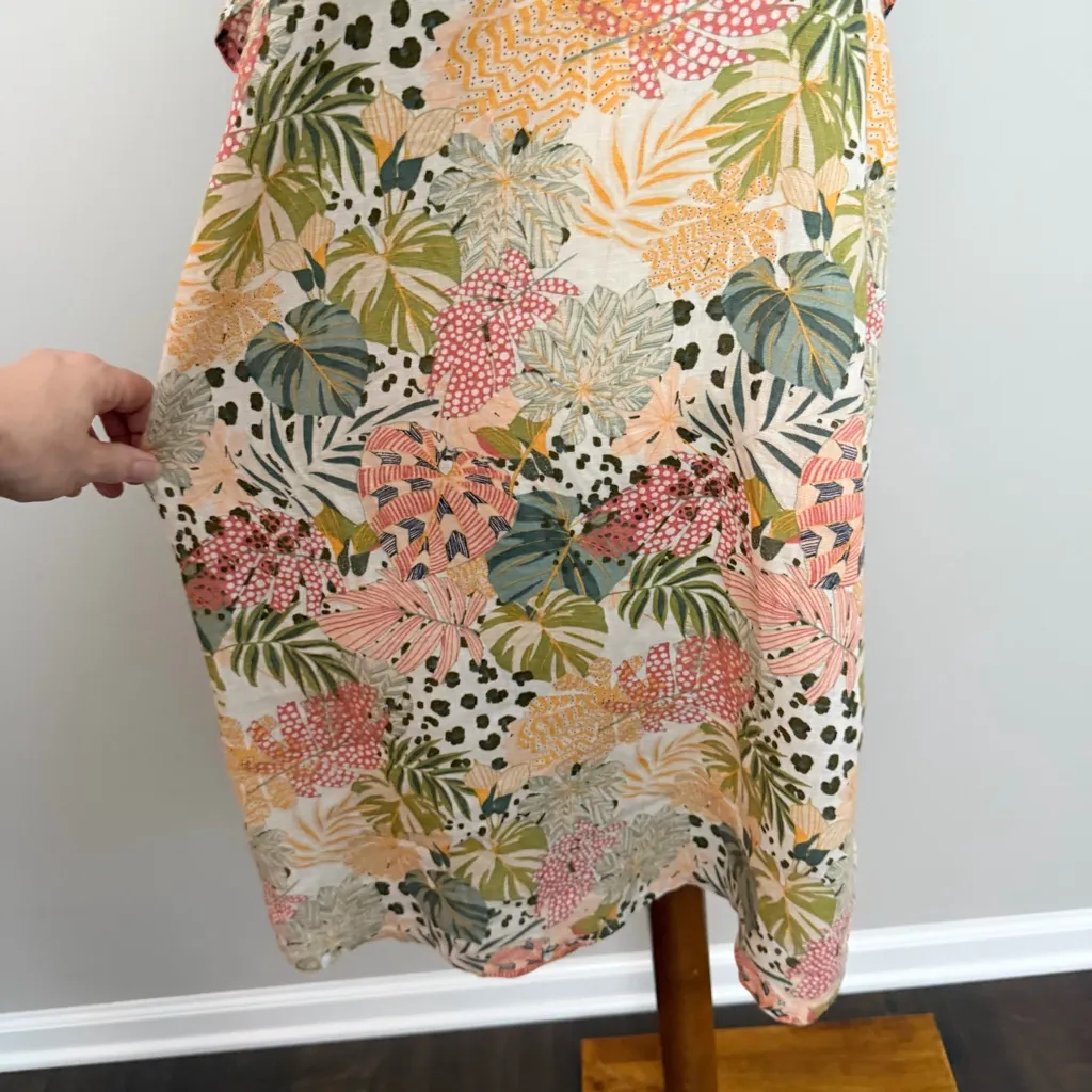 C&C California Dress 100% Linen Flutter Ruffle Sleeve Botanical Tropical Palms - Image 4