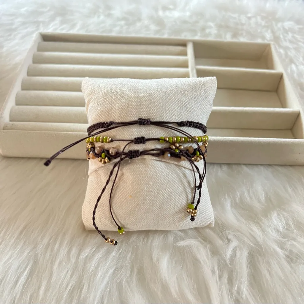 Handmade Macrame Brown and Green Beaded Bracelet Set - Image 2