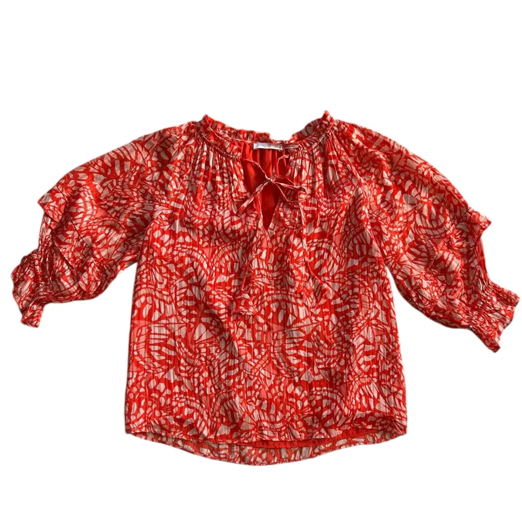 RAMY BROOK Altyn Butterfly Print Tiered Sleeve Blouse Red Metallic size XS - Image 4
