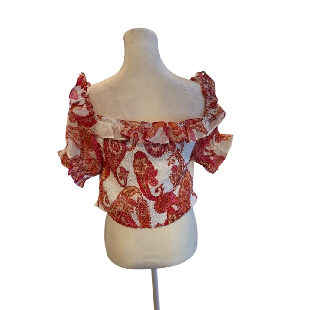 Express Women's Paisley Puff Sleeve Blouse Red Size M - Image 3