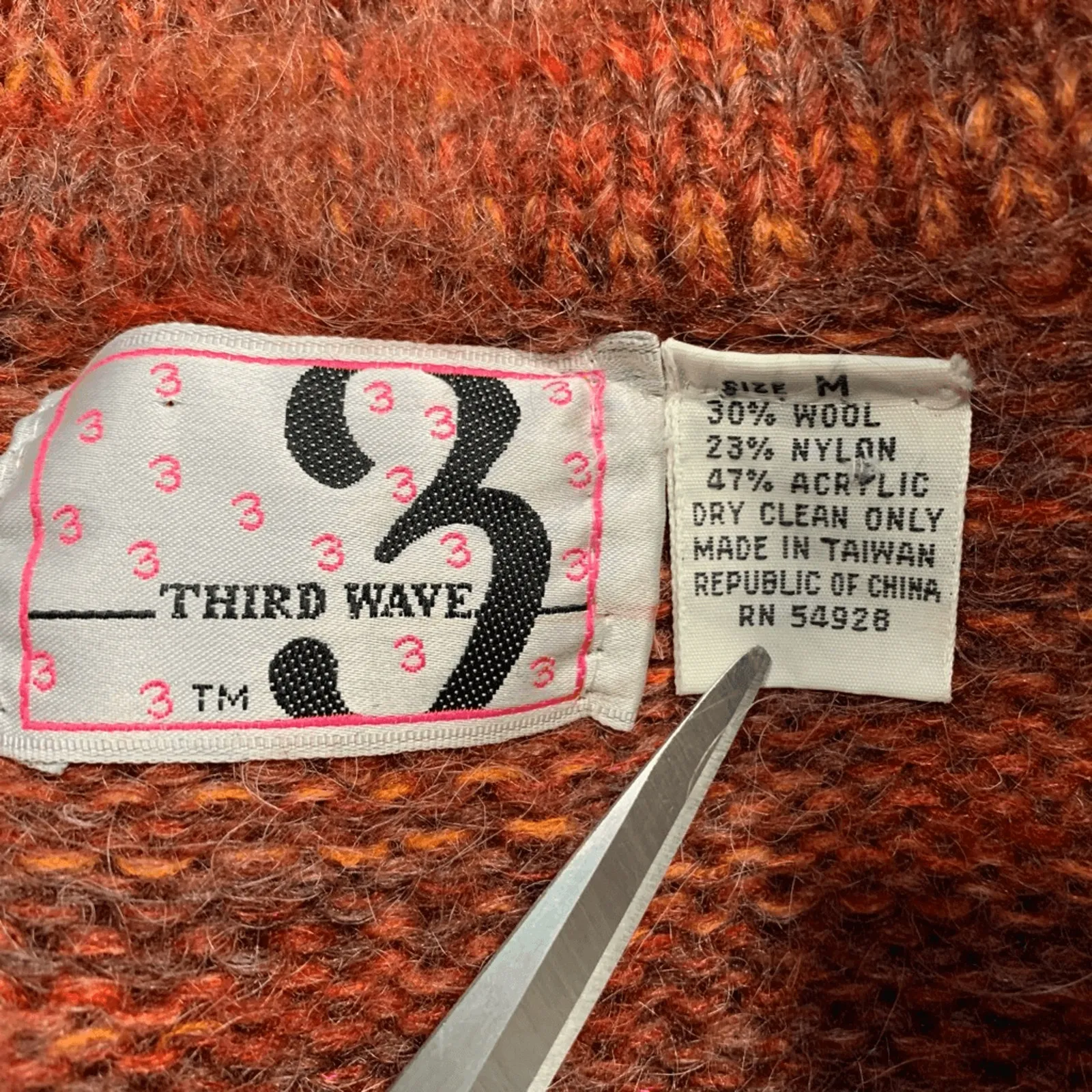 Vintage Third Wave Wool Blend Open Front Longline Cardigan Sweater Orange Medium - Image 7