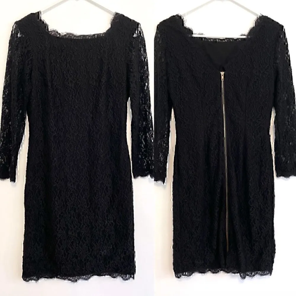 ADRIANNA PAPELL Black Lace Square Neck / V V-Neck Back 3/4 Sleeve Sheath Dress 4 - Image 2